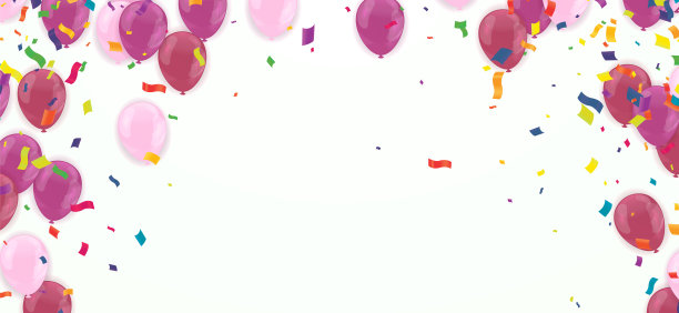 明亮喜庆的形象，以各种彩色气球和散落的五彩纸屑为特色，描绘了庆祝或聚会的气氛图片下载