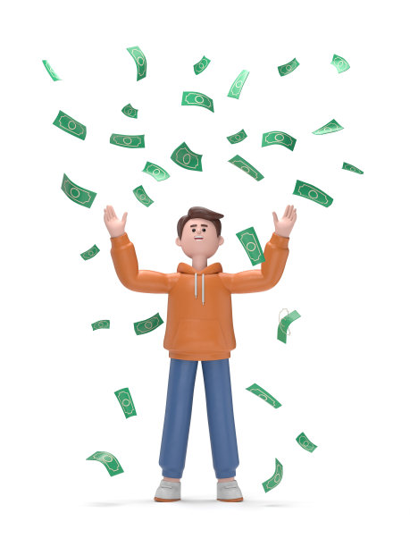 3D插图的男性男子卡迪尔庆祝成功站在钱雨钞票现金下降。成功的概念，成就。白色背景的3D渲染图片下载