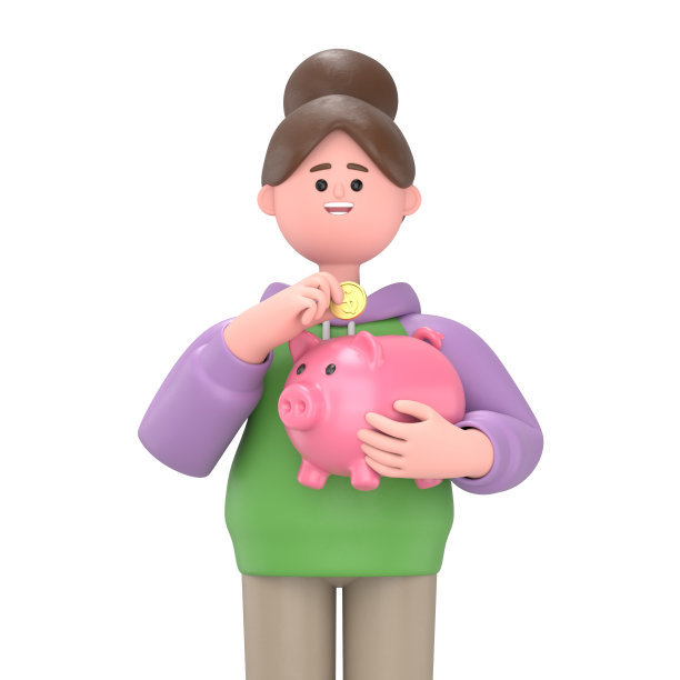 亚洲女孩Renae的3D插图拿着一个存钱罐。存钱的概念。动画风格的3D插图。白色背景的3D渲染图片下载