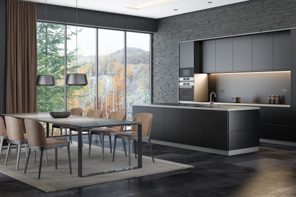 现代黑色室内厨房，配有8把椅子的餐桌图片下载