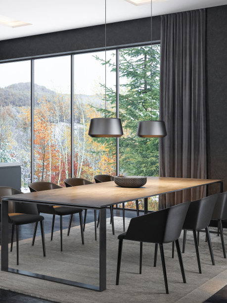 现代黑色室内厨房，配有8把椅子的餐桌图片下载