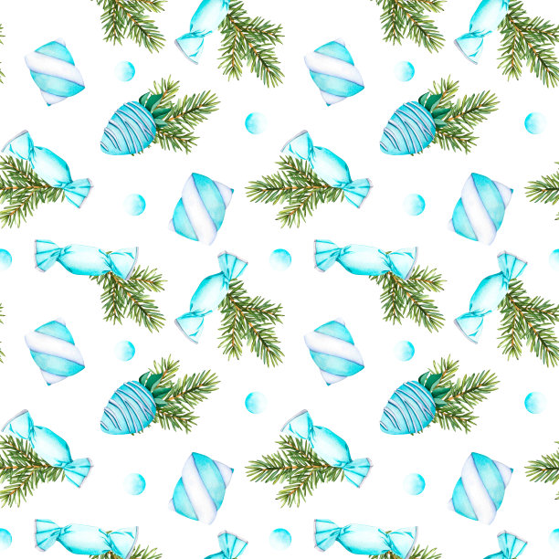 冬季甜点无缝图案焦糖糖果在蓝色包装蝴蝶结，甜棉花糖扭曲，草莓釉蓝巧克力和冷杉树枝。水彩插图图片下载