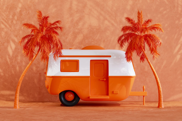 露营车与棕榈树，夏季海滩度假旅游背景图片下载