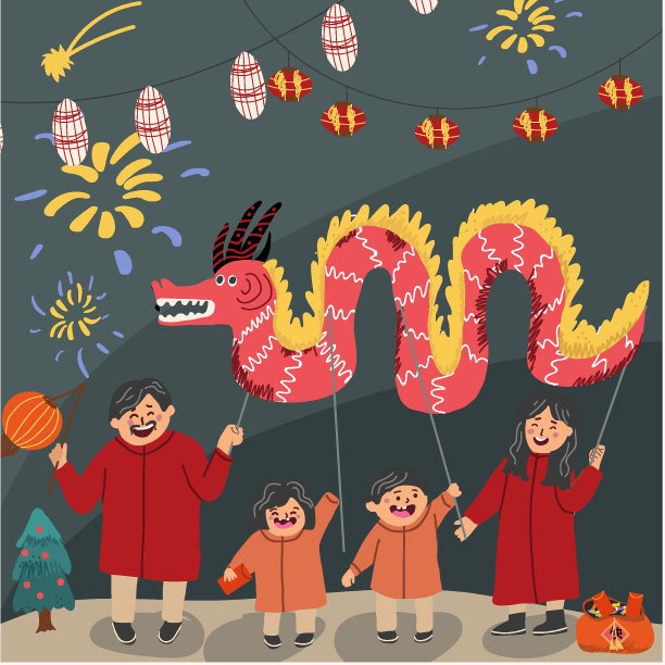 春节快乐。快乐的亚洲家庭用灯笼和龙来庆祝这个节日。可爱的图画，韩国妈妈，女儿和儿子的角色。图片下载