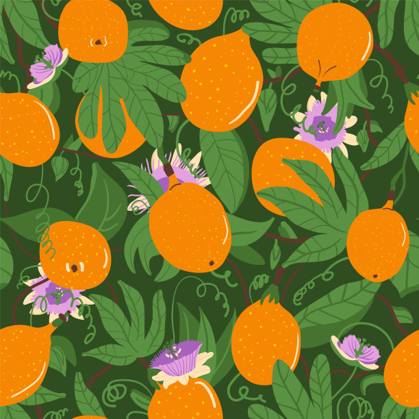 甜美的格兰纳迪拉果和花朵无缝图案。热带水果层出不穷的背景。黄百香果重复盖。异国情调的格林纳达圆形装饰瓷砖。矢量手绘插图。图片下载