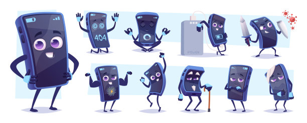 智能手机的吉祥物。卡通手机与手和情感的脸摆出确切的矢量模板字符图片下载