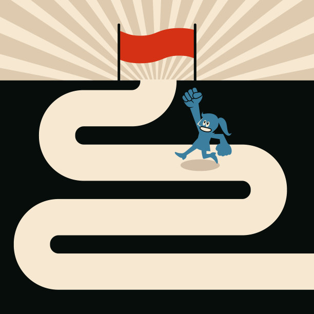 女人在蜿蜒的道路上奔跑，用食指指向终点的旗帜图片下载