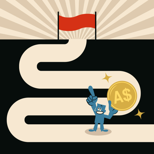 一名男子站在蜿蜒道路的起点，手持金色硬币，用食指指向终点的旗帜图片下载