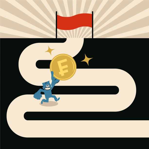 男子在蜿蜒的道路上奔跑，手持金色硬币，用食指向终点的旗帜图片下载