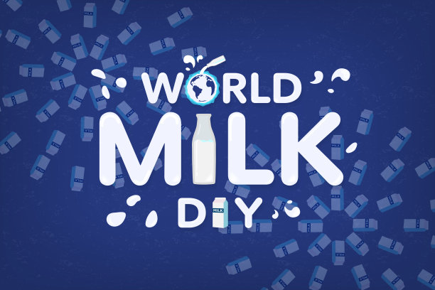 世界牛奶日快乐贺卡横幅。牛奶从瓶子里溅到地上的象征。牛奶盒烟花。牛奶溅。可爱的字体。6月1日。矢量插图。每股收益10。图片下载
