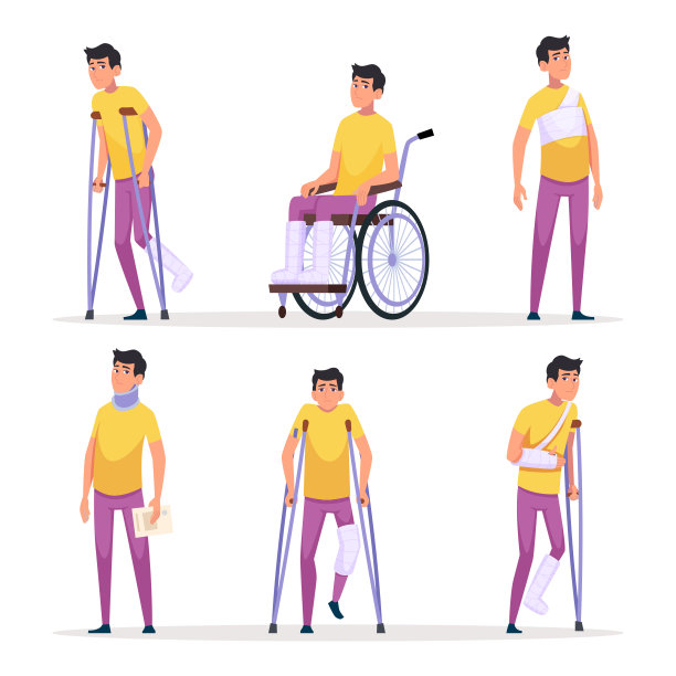 受伤的角色。人体绷带身体手或腿固定医学治疗骨折绷带的精确矢量图片图片下载