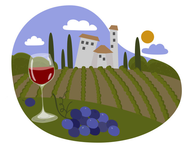 在葡萄园和农场的背景下喝一杯红酒。矢量手绘插图。图片下载