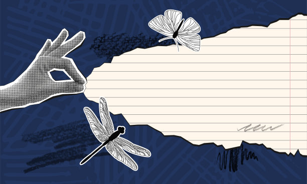 半色调的手和撕破的笔记本纸拼贴图片下载