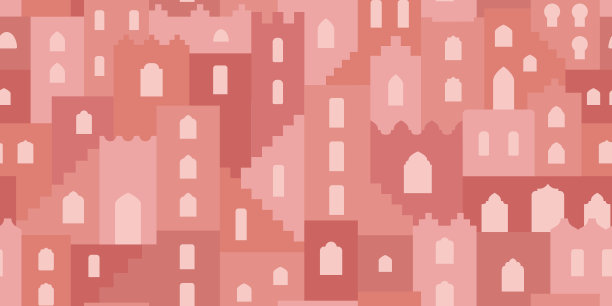 抽象的极简几何摩洛哥景观，城市。建筑形状平坦，楼梯、拱门无缝衔接，花纹似马拉喀什。摩洛哥风格的背景包装纸，纺织品，织物，横幅，海报。图片下载