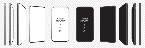 手机矢量模型与透视图。黑白智能手机屏幕隔离在透明的背景上。图片下载