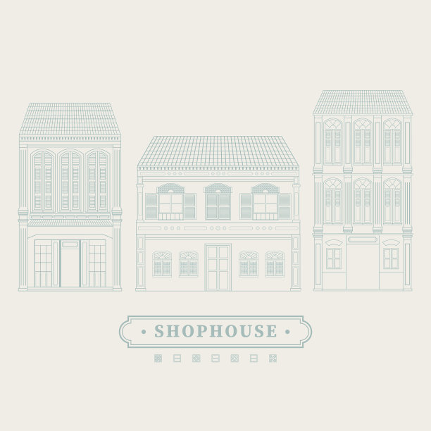 收集集最小的线矢量插图绘制一个老学校遗产店屋立面在柔和的颜色。用于概念提案，设计，明信片，横幅，社交媒体图片下载