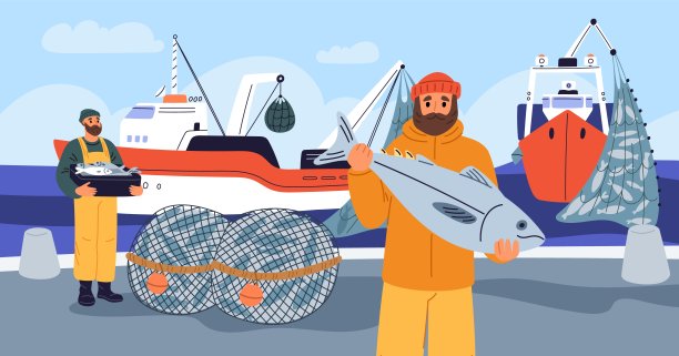 渔业产业要素。船上的渔夫吹嘘渔获。海鲜连锁。成功人士拿着金枪鱼。水下开采。带渔网的远洋船。格里什矢量概念图片下载