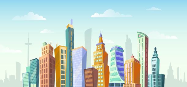 卡通城市的天际线。阳光明媚的一天在摩天大楼镇区，全景城市城市景观矢量插图图片下载