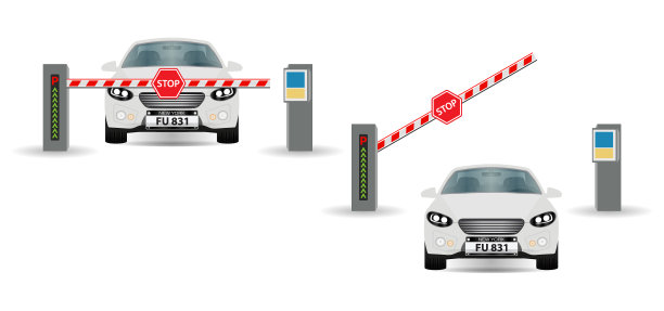 一辆车被放置在一个封闭的栅栏前。障碍打开，汽车通过停车障碍和街道道路停车边界。通过屏障和入口控制进入。向量。图片下载
