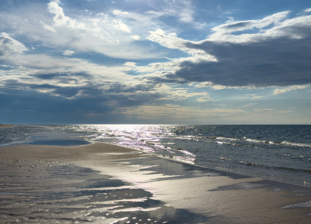 波兰波罗的海海岸的水和云与沙洲的反射图片下载