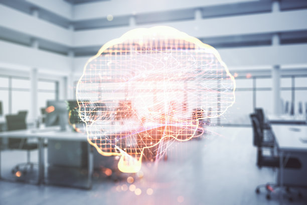 现代企业办公背景下，创意人工智能界面的双重曝光。神经网络和机器学习的概念图片下载