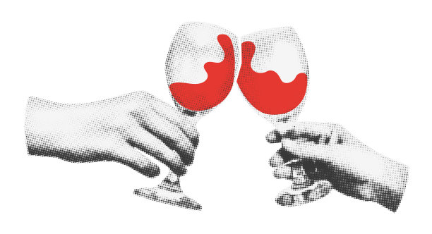 手握红酒杯半色调拼贴矢量插图图片下载