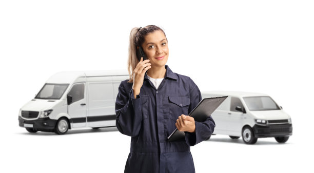 开面包车的女工正在使用手机图片下载