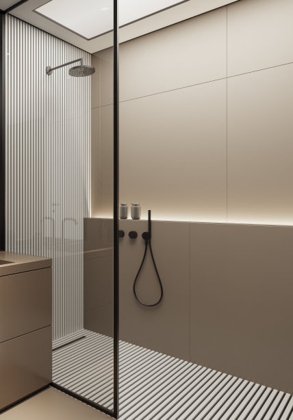 现代极简主义浴室与哑光米色大瓷砖图片下载