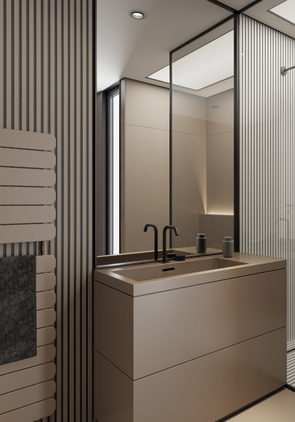 现代极简主义浴室与哑光米色大瓷砖图片下载