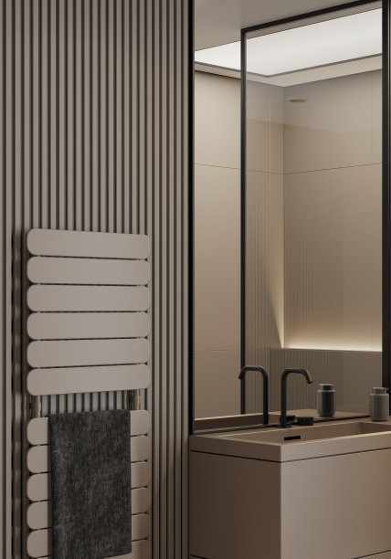 现代极简主义浴室与哑光米色大瓷砖图片下载