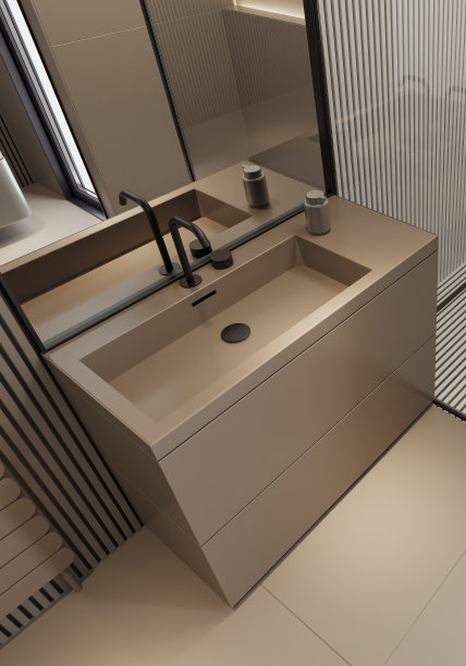 现代极简主义浴室与哑光米色大瓷砖图片下载