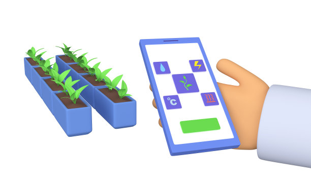 3d智能农业。法默用手机来控制温度、湿度和光线。屏幕上是测量植物状况的工具。三维渲染图片下载