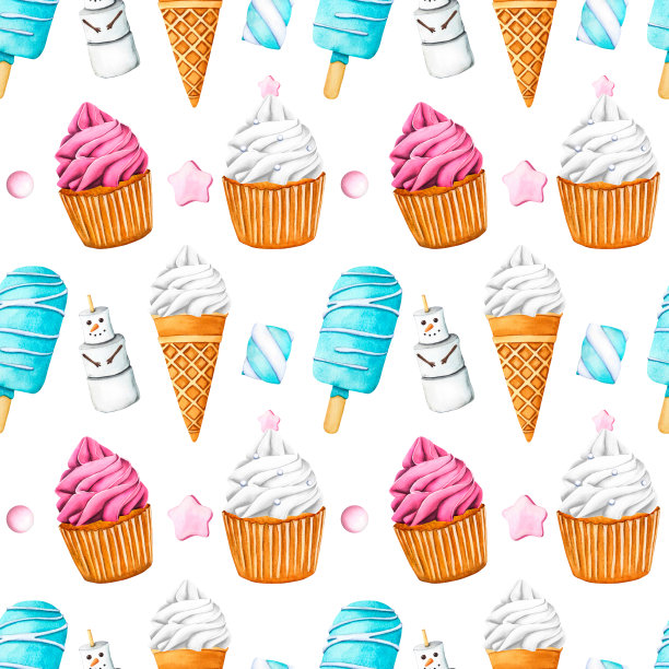 无缝图案的纸杯蛋糕粉和白奶油，冰淇淋。甜美的夏日甜点，冰棒，松饼，蛋筒冰淇淋和棉花糖雪人。水彩插图明信片，设计，印刷图片下载