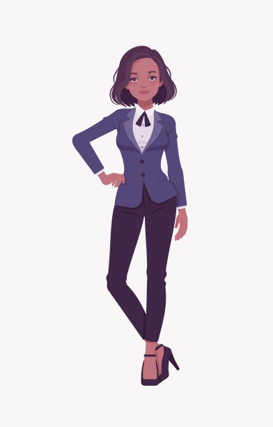 优雅的深色黑发商务正装女子站立姿势图片下载