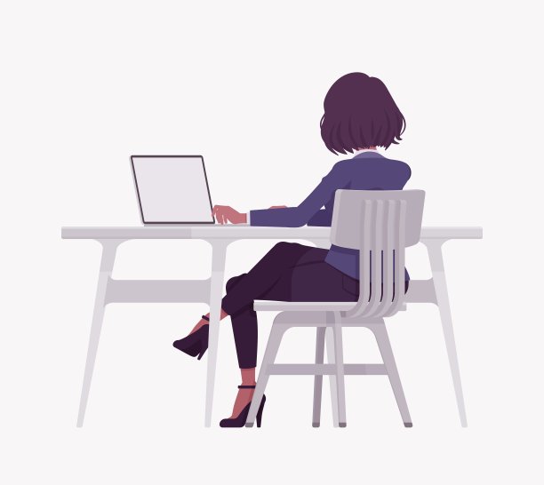 优雅的黑发女商人在办公桌前拿着笔记本电脑，后排图片下载