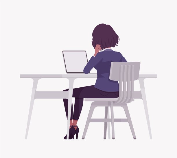 优雅的黑发女商人在办公桌前拿着笔记本电脑，后排图片下载