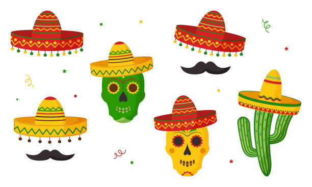 五月五日节派对，墨西哥节日装饰。宽边帽，仙人掌和骷髅，胡子。墨西哥，拉丁美洲，西班牙假期贴纸集。卡通矢量插图图片下载