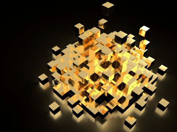 倒塌的黄金金字塔。堆叠立方体的3D插图图片下载