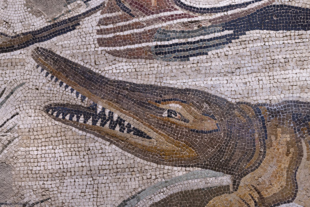 庞贝尼罗河场景马赛克，描绘尼罗河中的鳄鱼图片下载