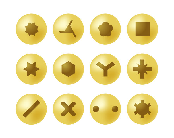 一套黄金螺丝头。不锈钢螺栓。钉子和铆钉。前视图。矢量插图在平面风格。不同的硬件元素。机械车间图标图片下载