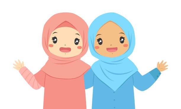 快乐的穆斯林女孩微笑和挥手字符矢量图片下载