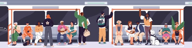 乘客乘坐地下公共交通工具。在地铁里，人们站着，扶着扶手，坐在座位上。通勤者在城市地铁里看书、聊天、接送宠物。平面矢量图图片下载