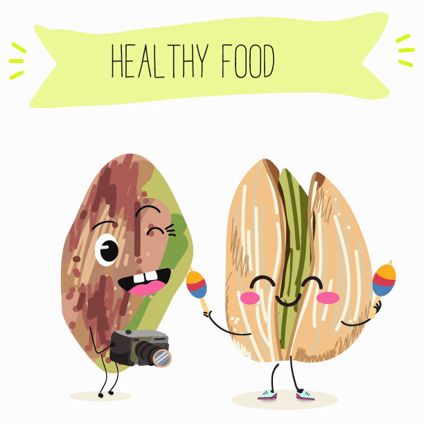 可爱的开心果人物，有趣的坚果，有不同的活动，户外，运动，乐器。有机食品，健康食品，儿童菜单插图。图片下载