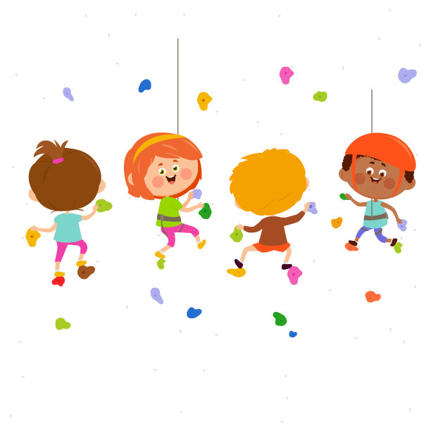 在运动训练馆，孩子们在攀爬抱石岩壁。孩子们戴着头盔和绳索在攀爬岩壁。背景握把和攀爬握把。矢量图图片下载