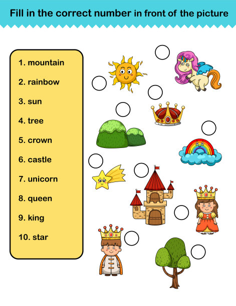 填写正确的数字在前面的图片教育工作表为儿童插图矢量图片下载