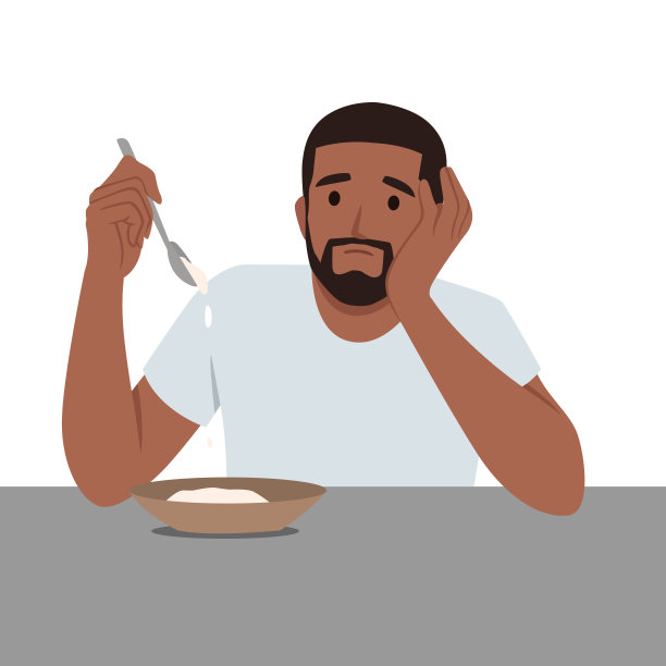 男人遵循医生开的食谱。男孩伤心地吃着素菜。图片下载