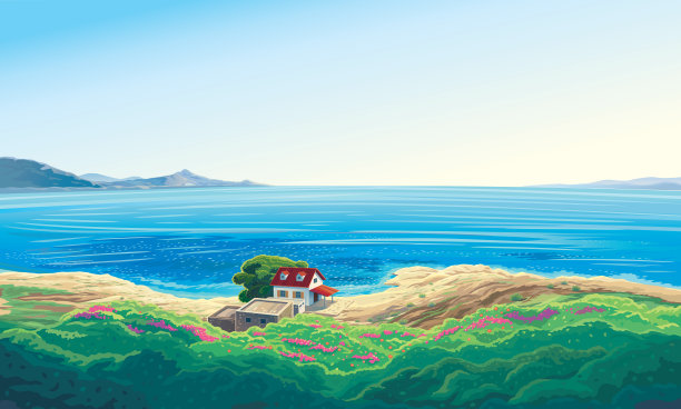 夏天的海景和海边的房子。图片下载