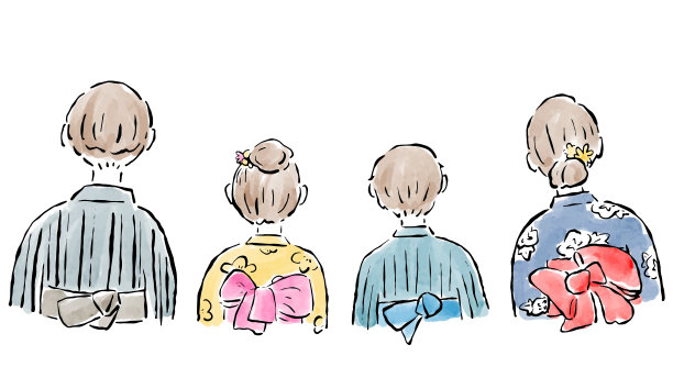 家庭在浴田的后视图，夏天的节日，简单的水彩手绘插图图片下载