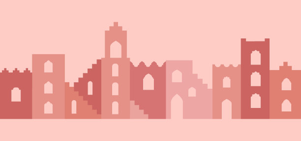 阿拉伯城墙形状的建筑，窗户，拱门，楼梯。摩洛哥风格的景观。简单的矢量无缝边界与房屋。图片下载