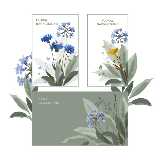 矢量设计与蓝色的花，绿色的叶子。图片下载